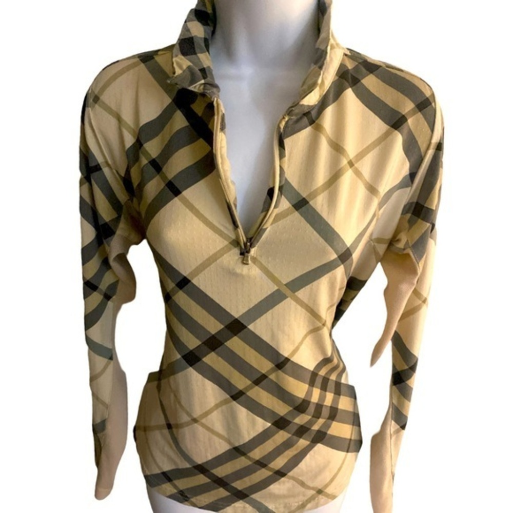 San Soleil UPF 50 Quarter Zip Top - S tan , brown plaid , nylon spandex
